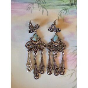 Georgian-Inspired Silver & Turquoise Dangle‎ Chandelier Earrings